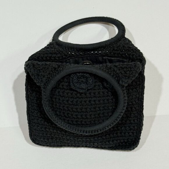 WOMEN CROCHET BLACK VINTAGE CLUTCH PURSE HANDBAG BAG WITH FLOWERS BOHO STYLE - Picture 5 of 15